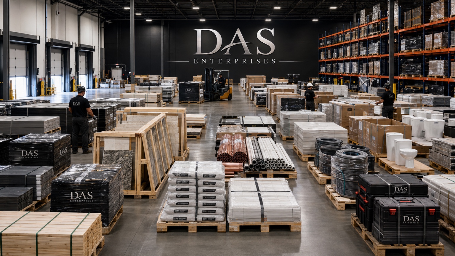 Construction materials organized on export pallets